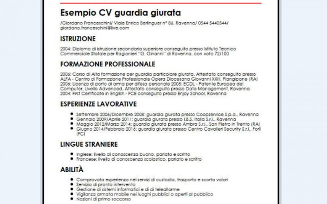 IL CURRICULUM VITAE DELLA GUARDIA GIURATA: ECCO COME FARLO PER TROVARE LAVORO